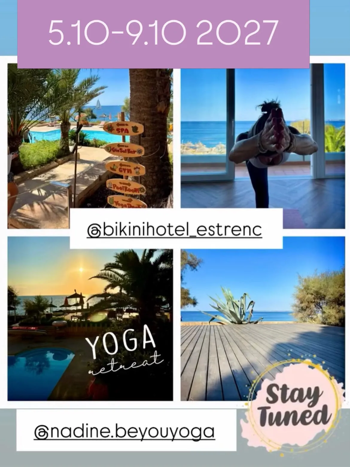 Flyer zum Yoga Retreat im Bikini Hotel Es Trenc vom 5. bis 9. Oktober 2027